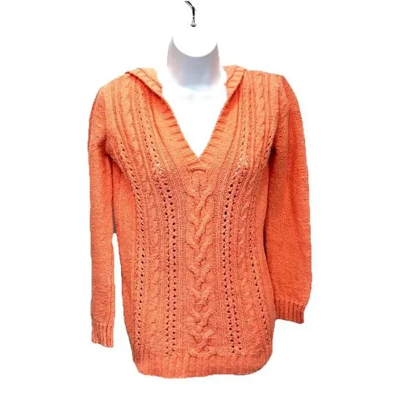 Tommy Bahama Chunky Cotton Cable Knit Sweater Hoody Womens Size M Coral pullover - Picture 3 of 11